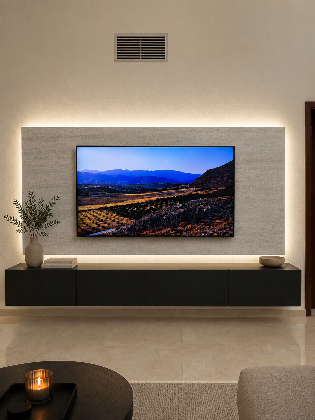 SET TV Unit 10' Midnight Black Matte + Back-panel (Fascia) Beige Krakato