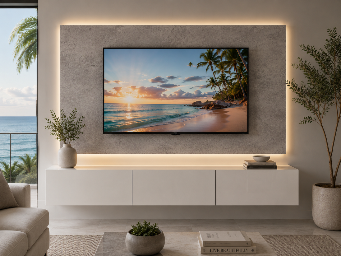 SET TV Unit 8' White Gloss + Back-panel (Fascia) Mod. Cemento