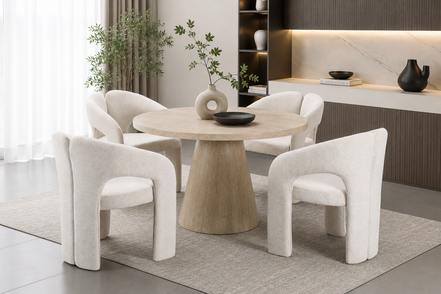 TRACY Travertine Dining Table + (4) ALBA Dining Chair