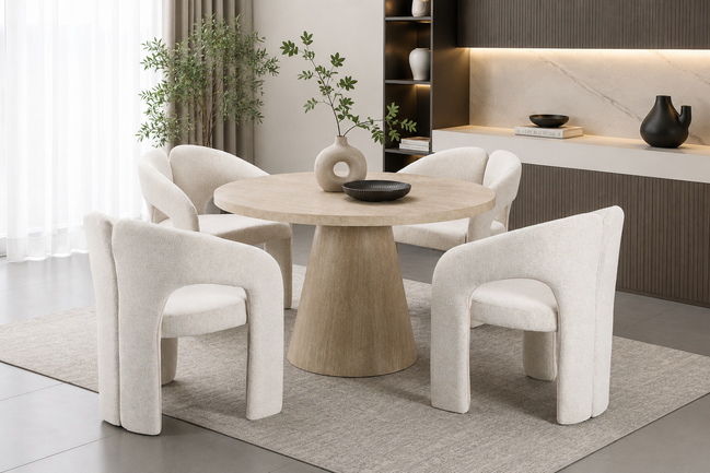 TRACY Travertine Dining Table + (4) ALBA Dining Chair
