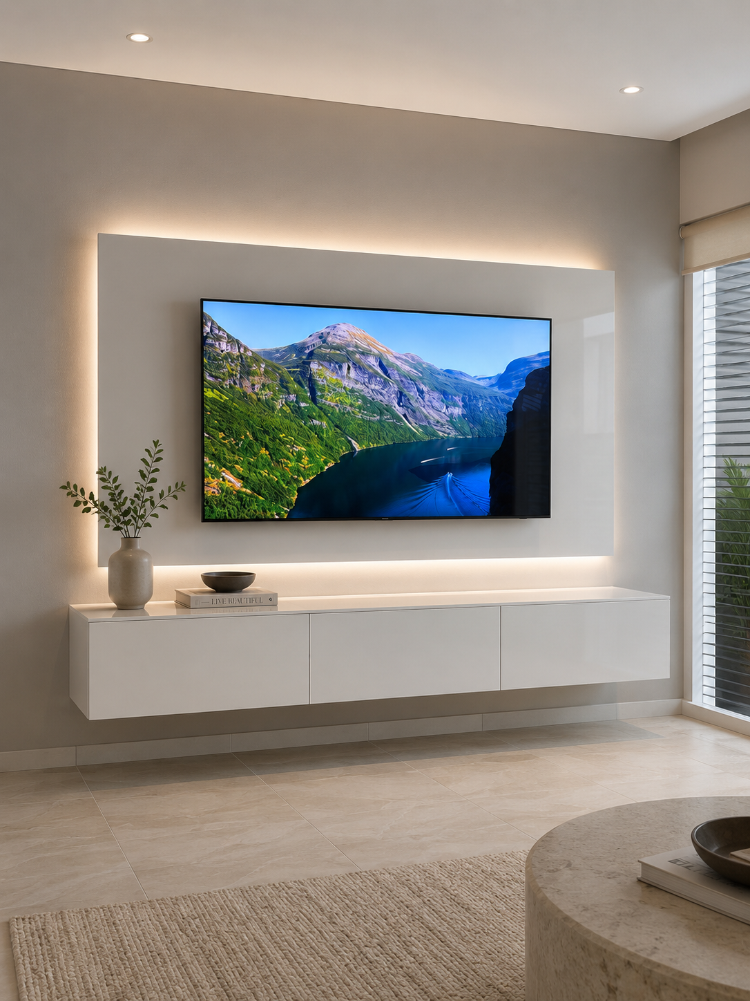 SET TV Unit 8' White Gloss + Back-panel (Fascia) White Gloss