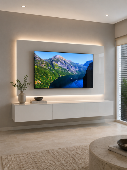 SET TV Unit 8' White Gloss + Back-panel (Fascia) White Gloss